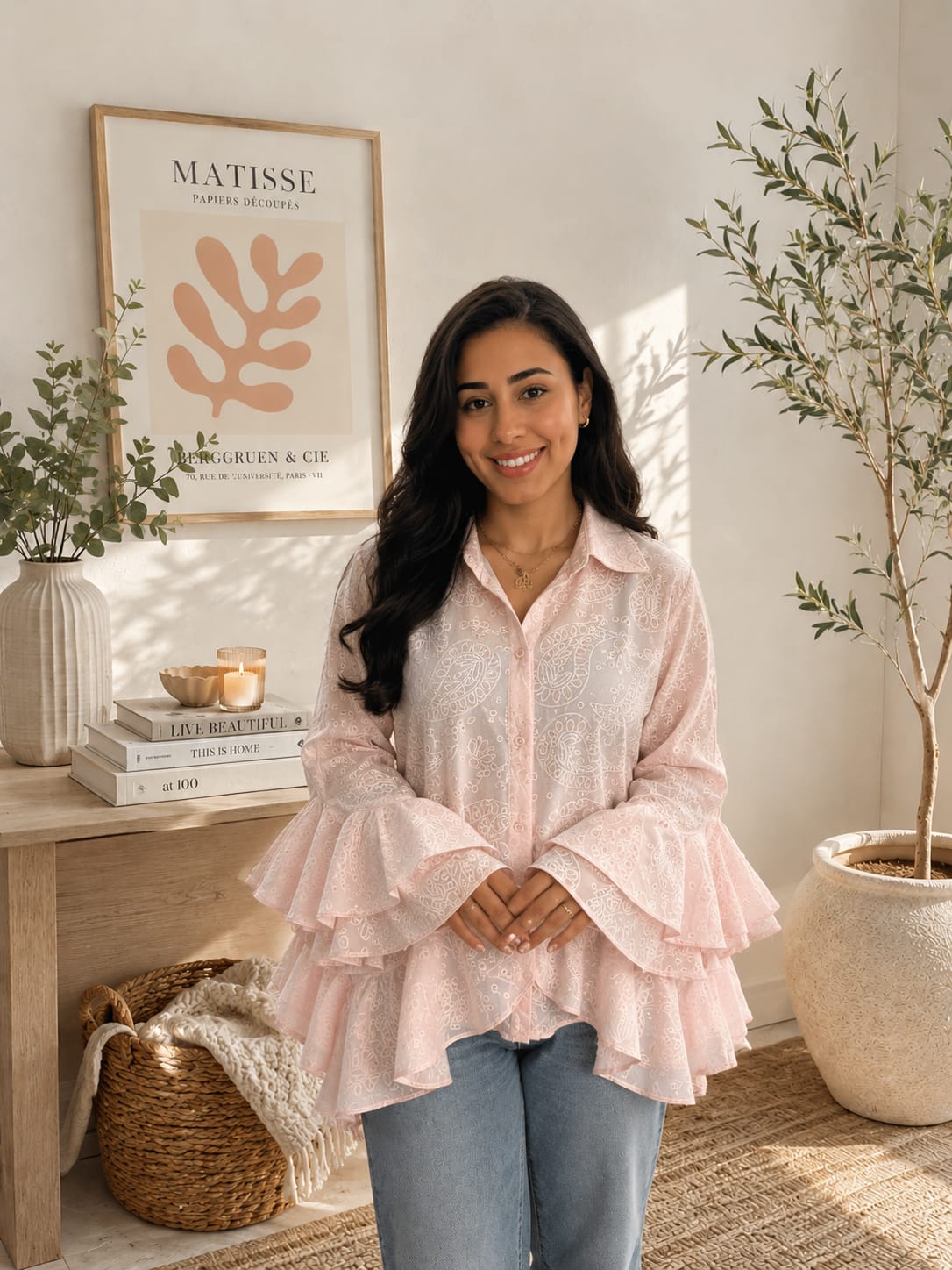 Ruffle sleeves embroidered rose shirt