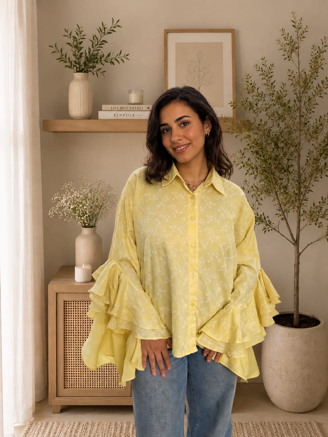 Ruffle sleeves embroidered yellow shirt