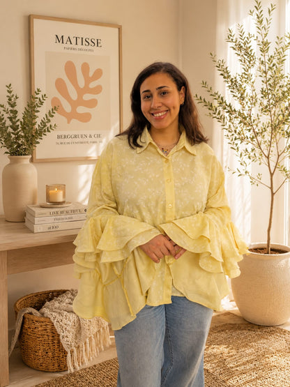 Ruffle sleeves embroidered yellow shirt